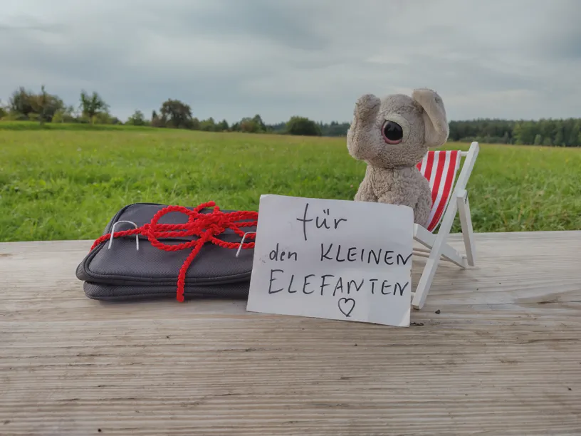 Der kleine Elefant sitzt auf dem Liegestuhl, links von ihm liegt das verpackte Geschenk und davor ein Zettel mit der Aufschrift 'FÃ¼r den kleinen Elefanten'.